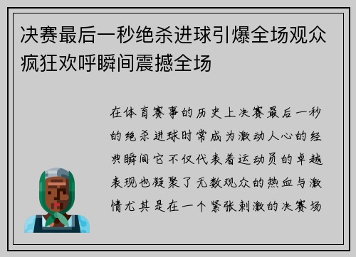 决赛最后一秒绝杀进球引爆全场观众疯狂欢呼瞬间震撼全场